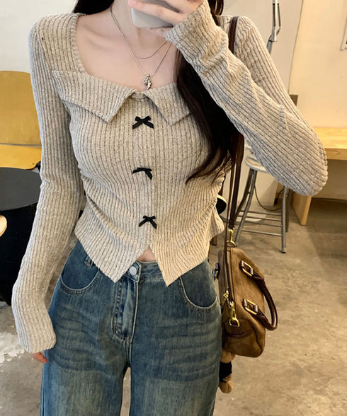 リボンニットトップス スクエアネック秋服 リブニットプルオーバーレディース セクシーニットカットソー フロントスリットニット 柔らかい大人可愛いトップス長袖 秋冬 6YULICHU-001